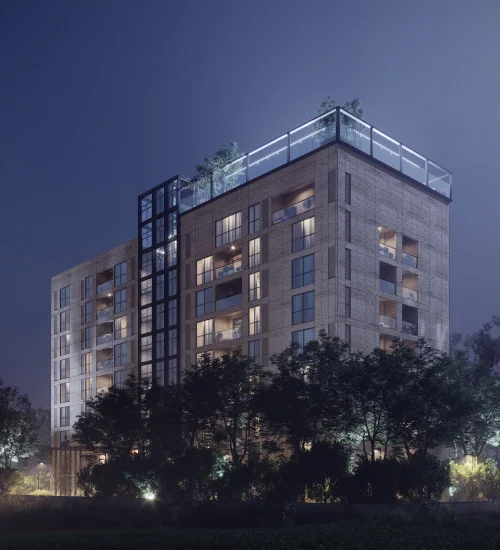 Sobha One World high-rise elevation at night